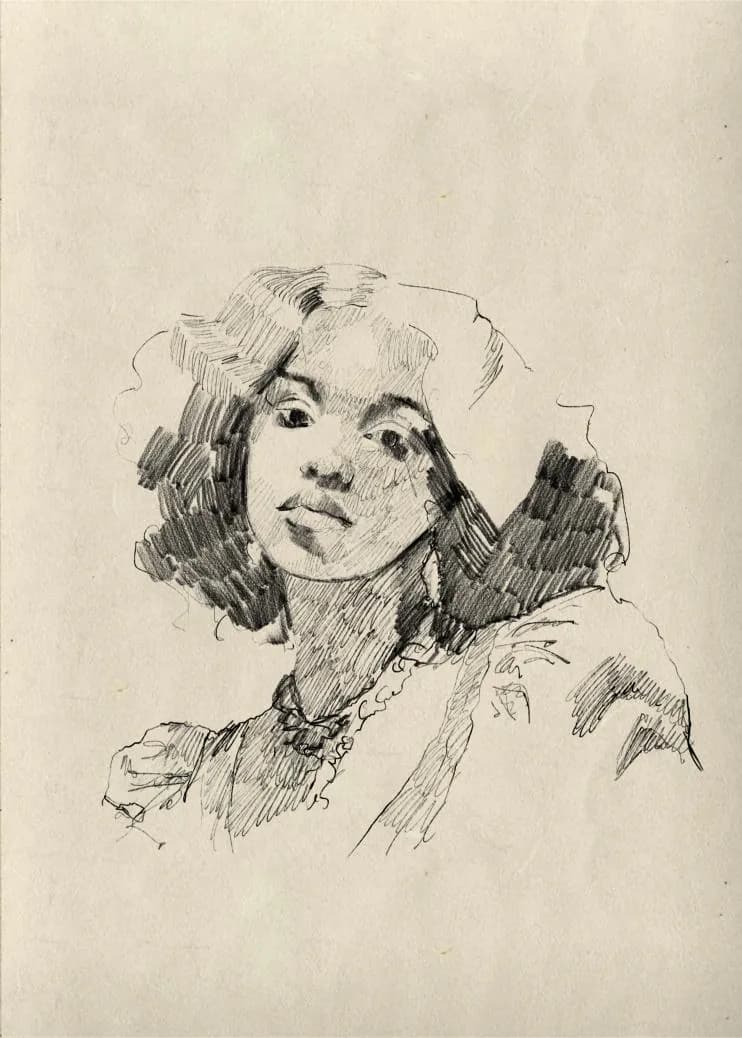 Ink portrait sketch of a woman with a dark headscarf