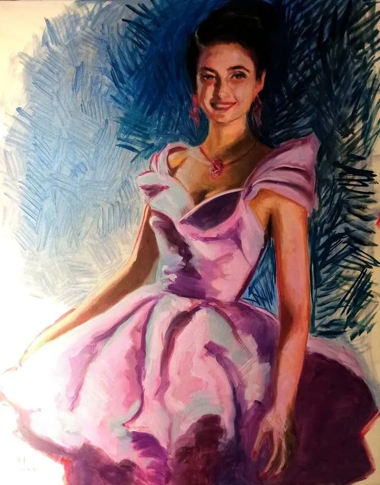 Commissioned oil portrait of a smiling woman in a pink off-shoulder gown