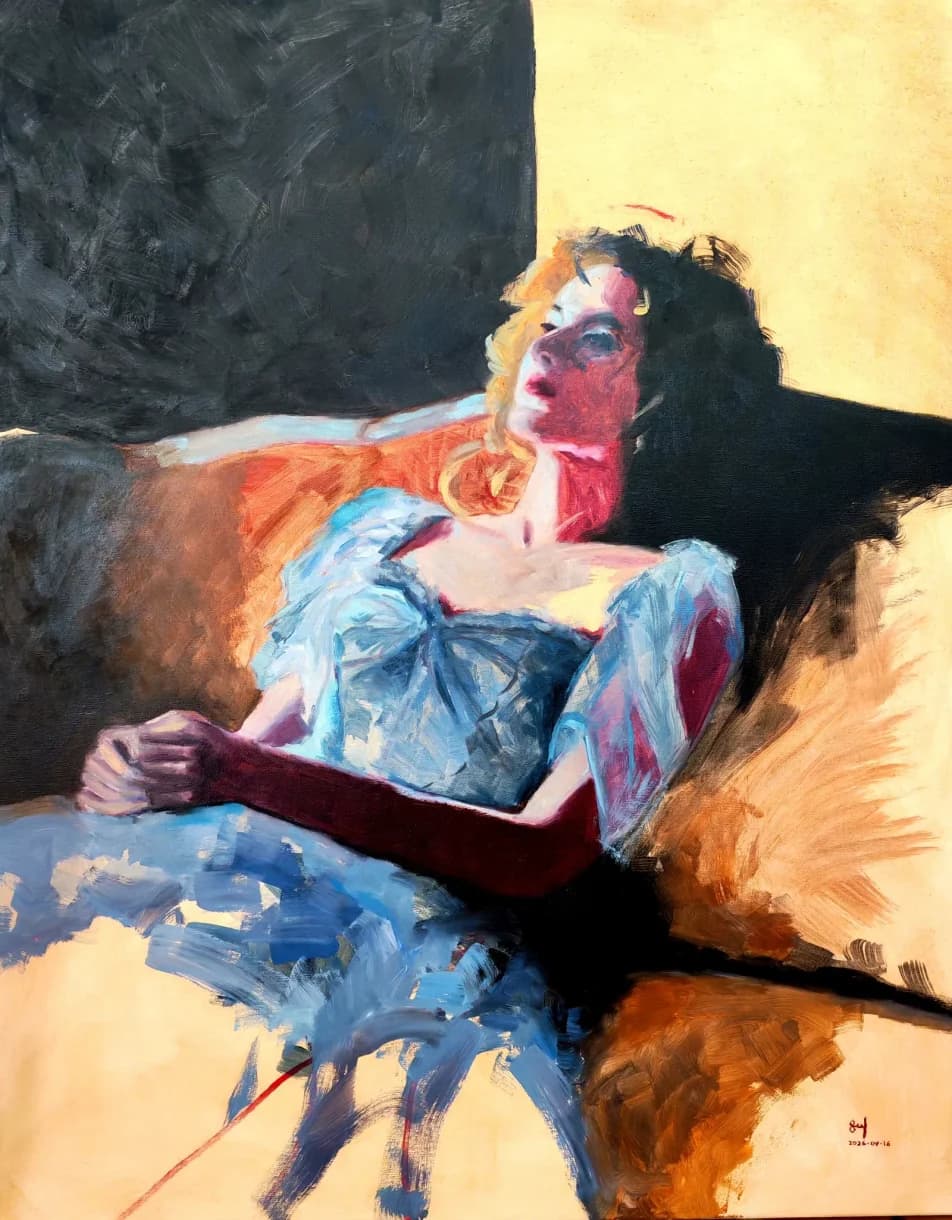 Oil painting of a blonde woman in a blue dress reclining on a sofa, eading