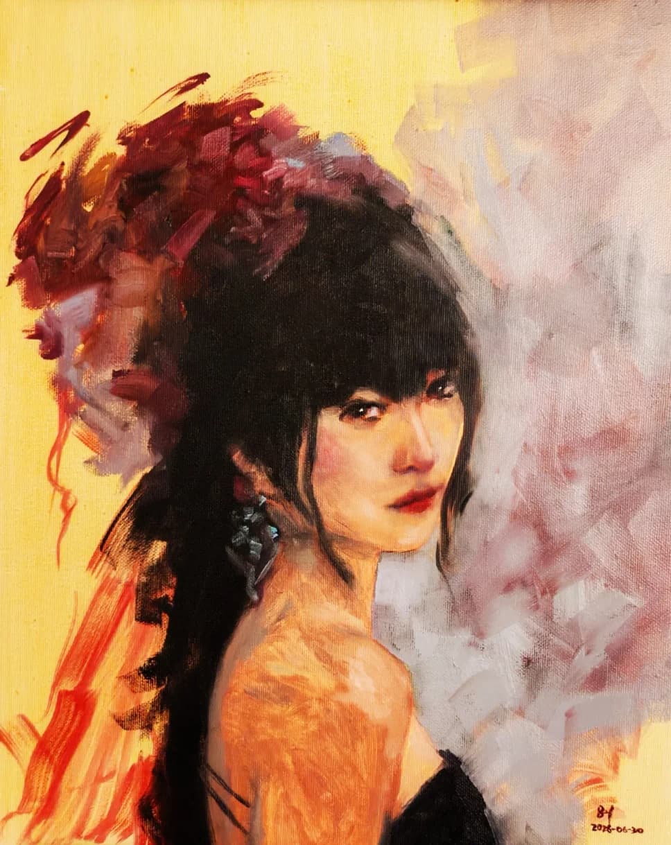 Oil portrait of a woman with dark hair and red flowers in her hair, loose brushwork