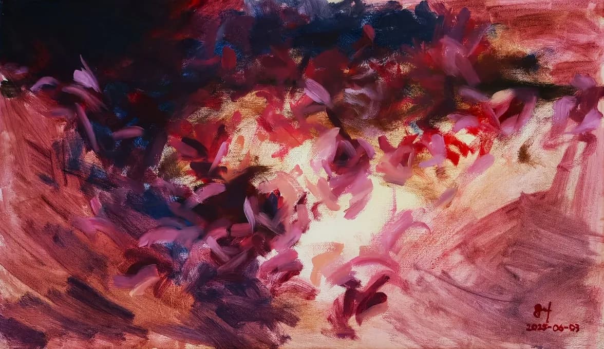 Impressionist oil painting of red and pink flowers glowing with dramatic light