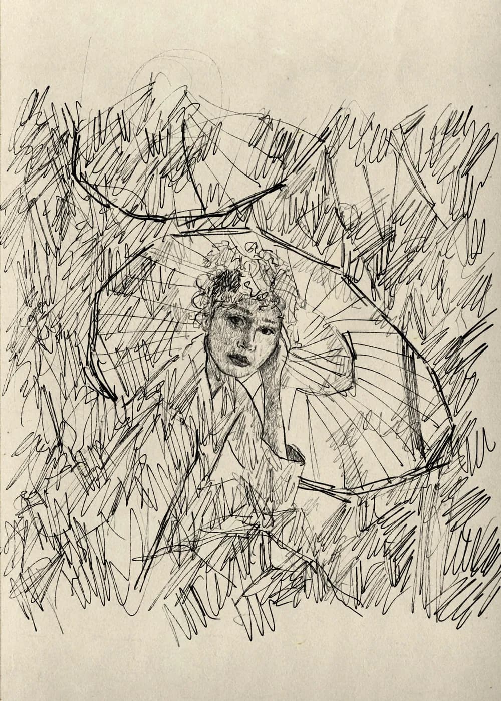 Pencil sketch of a woman holding a parasol, studying light and dark