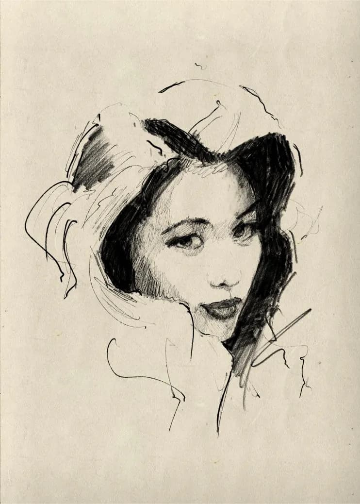 Ink sketch of a woman's face framed by a dark hood – ArkOrigin drawing