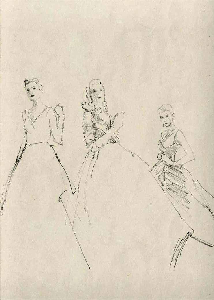 Ink fashion sketch of three standing women in long gowns