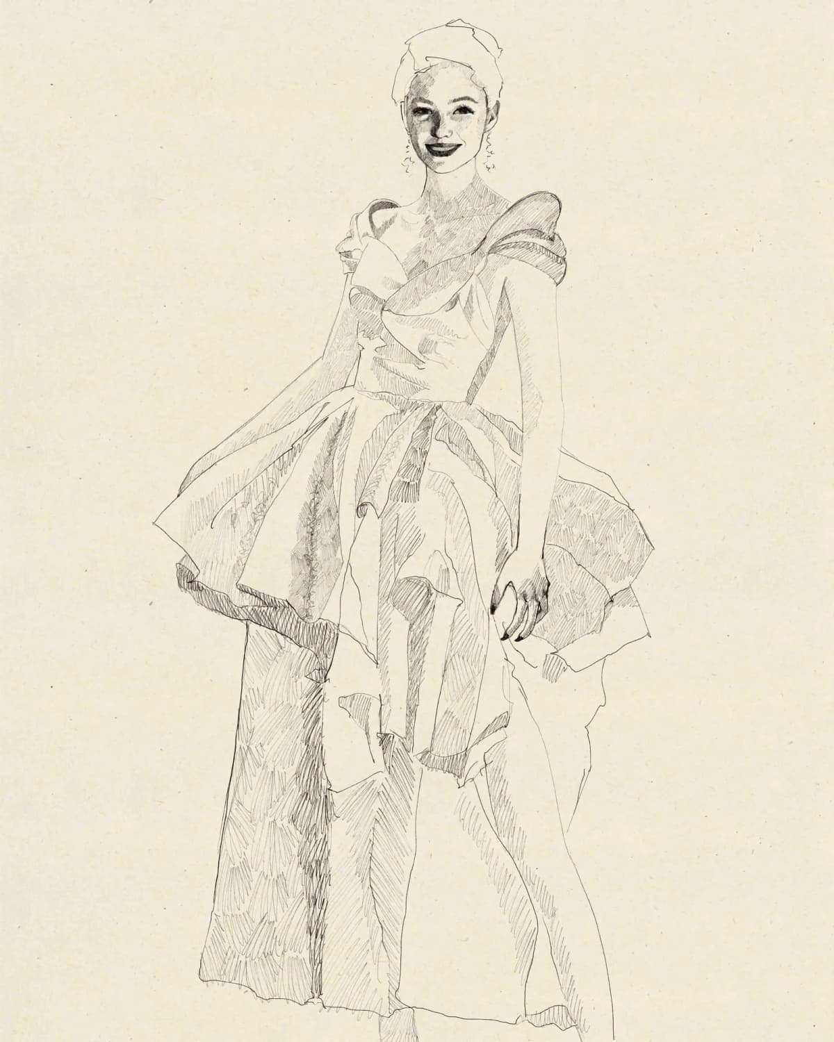 Pencil sketch of a woman in a full gown – preparatory drawing