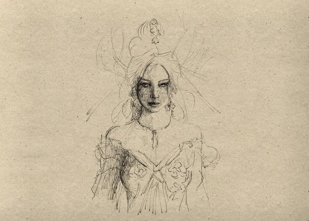 Pencil study of a woman in an off-shoulder dress with a decorative headpiece