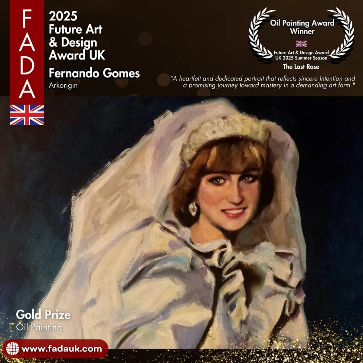 Award graphic for the oil painting The Last Rose, Gold Prize winner at the FADA UK 2025 Future Art & Design Award