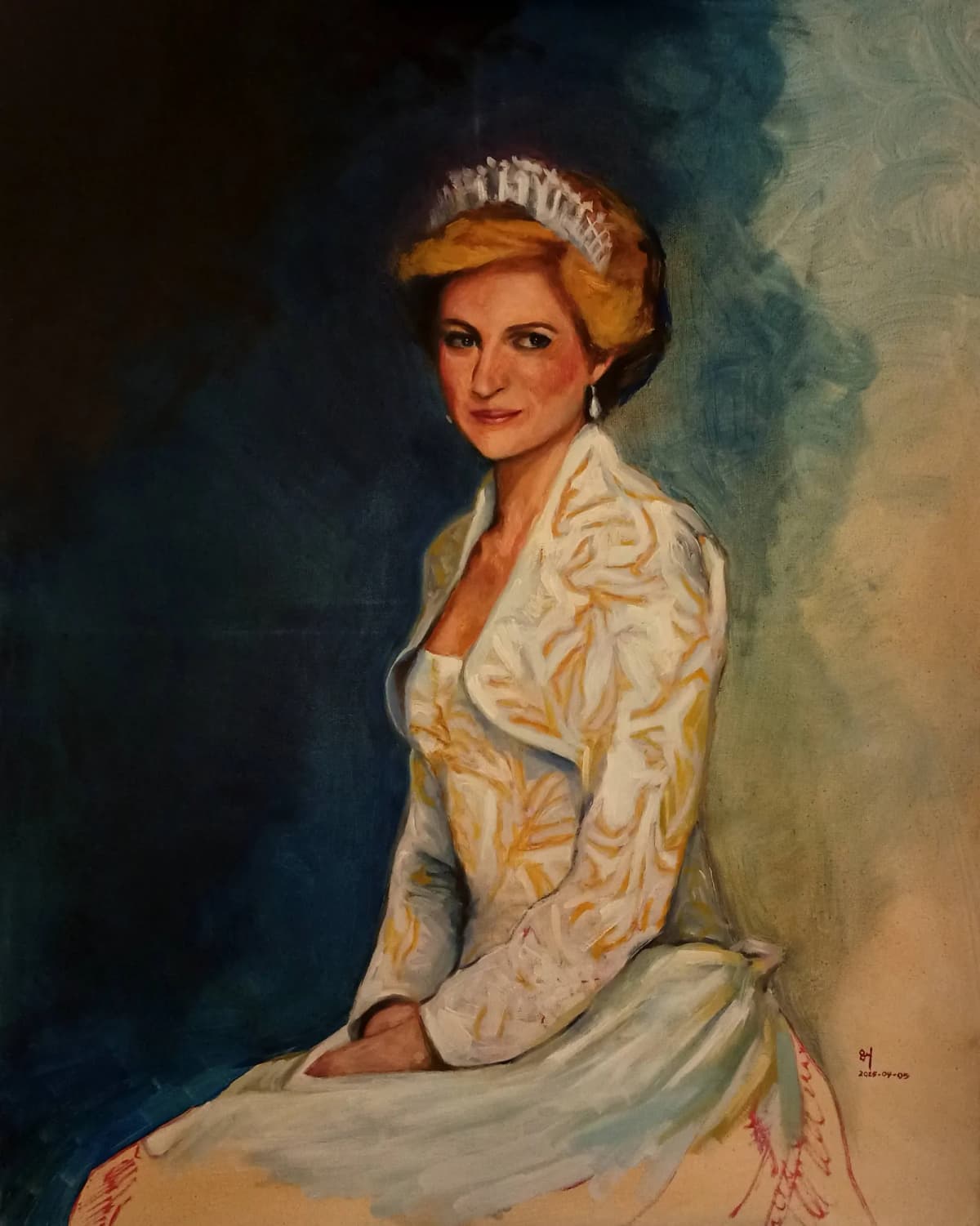 Commissioned oil portrait of a woman with a tiara in a cream gown, seated