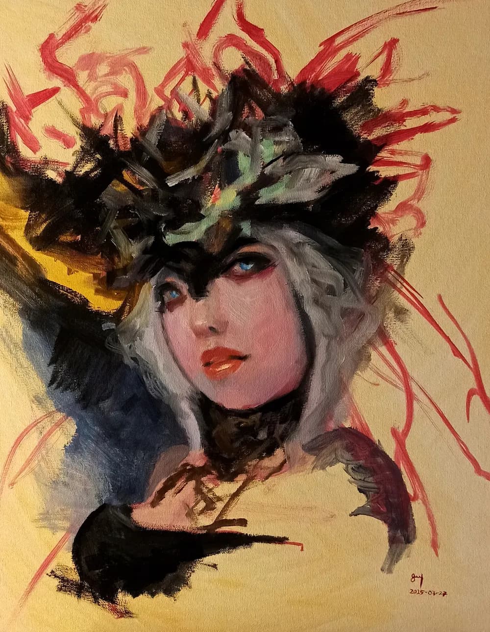 Fast oil sketch of a woman with silver hair and a dark feathered headpiece
