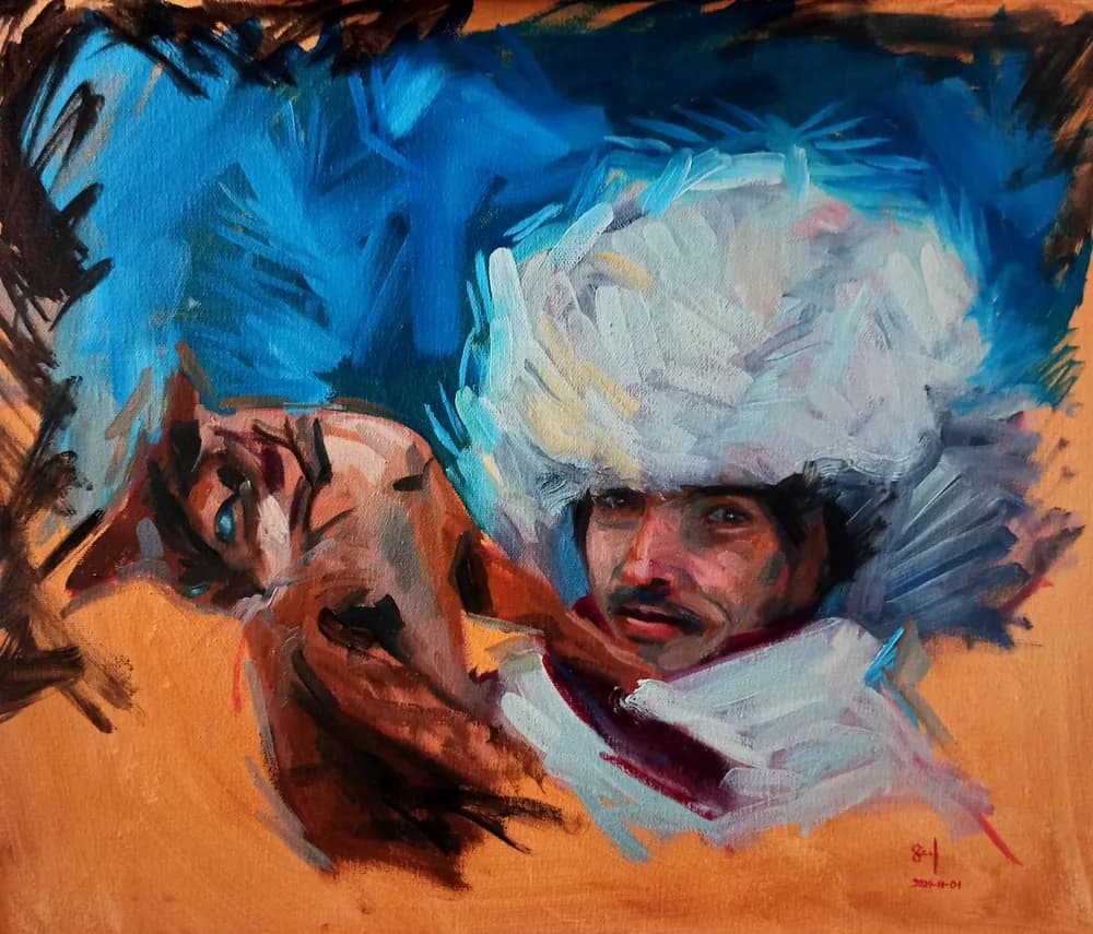 Semi-abstract oil painting of a dark-haired woman in blue and purple foliage