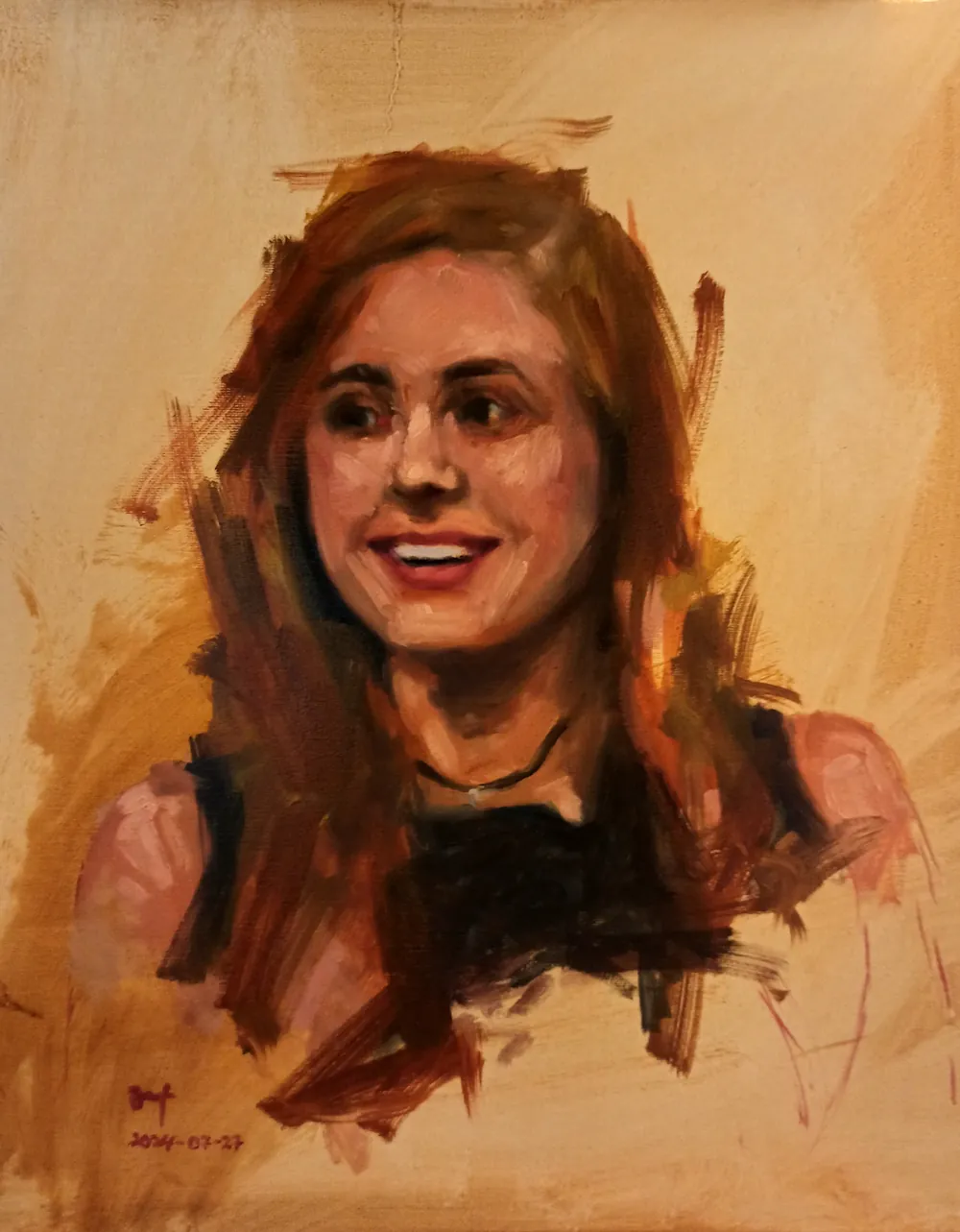 Oil portrait of a smiling woman with auburn hair, painted from a screenshot