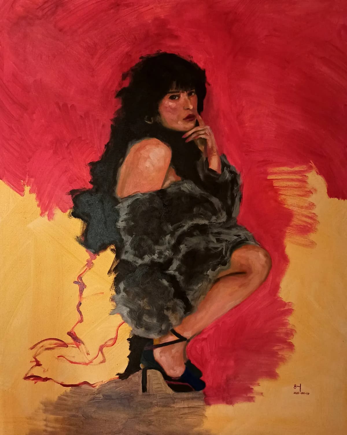 Commissioned oil portrait of a woman in a black dressagainst a red background