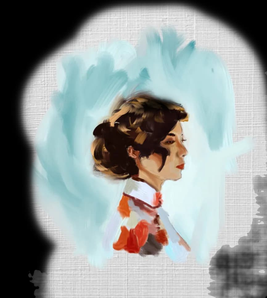 Nameless– stylized portrait of a woman in profile with dark hair and red lips on a light blue background, by ArkOrigin