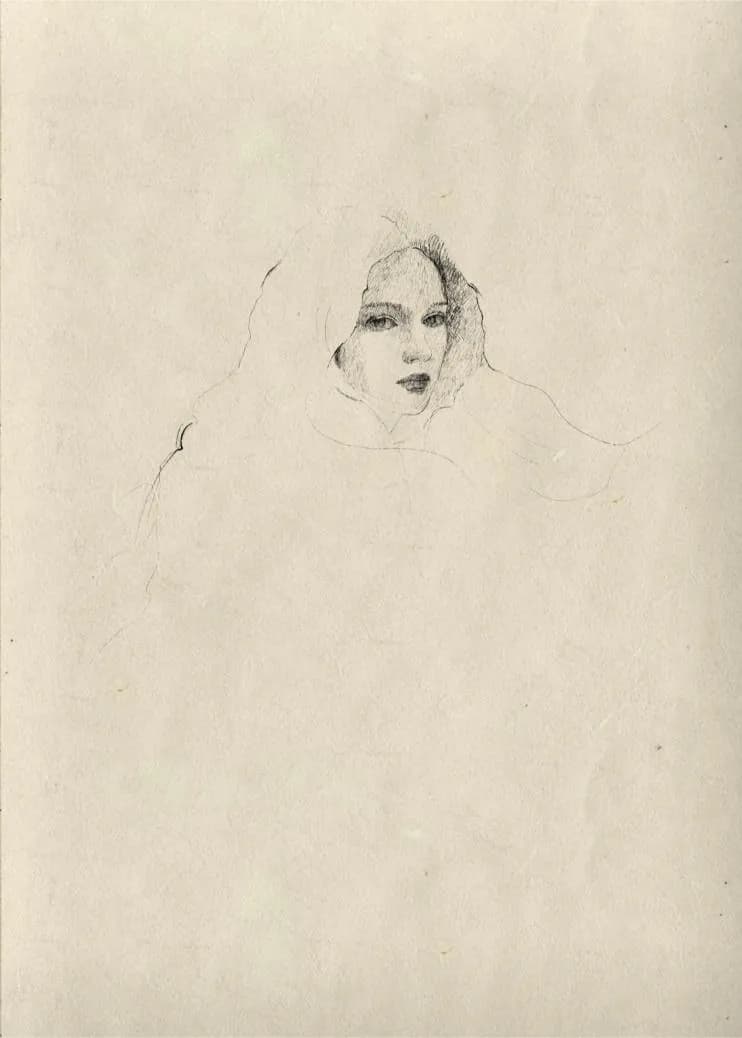 Light pencil sketch of a woman's face with flowing hair