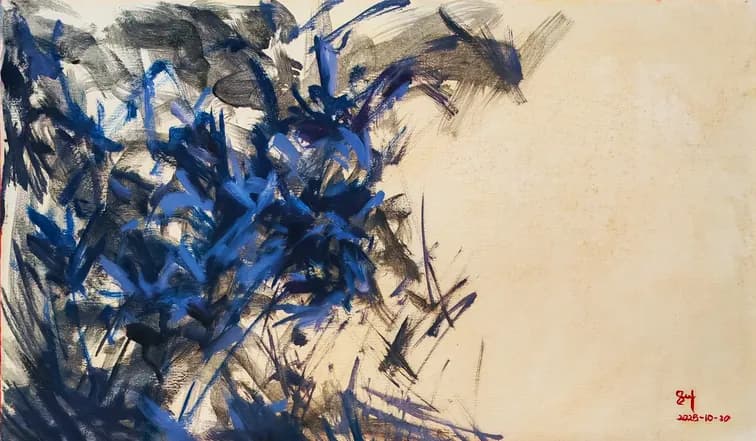 Abstract expressionist oil painting with bold blue brushstrokes resembling windswept branches