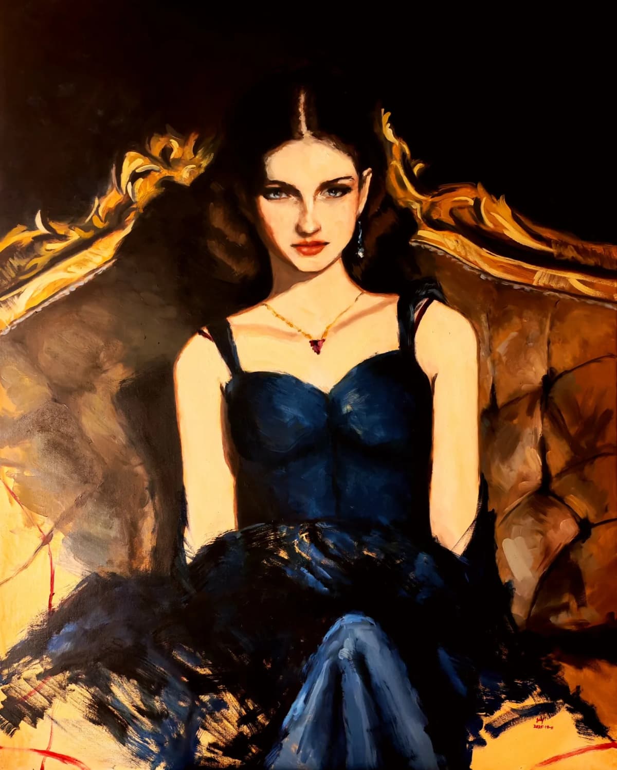 Commissioned oil portrait of a woman in a navy dress on an ornate gold sofa