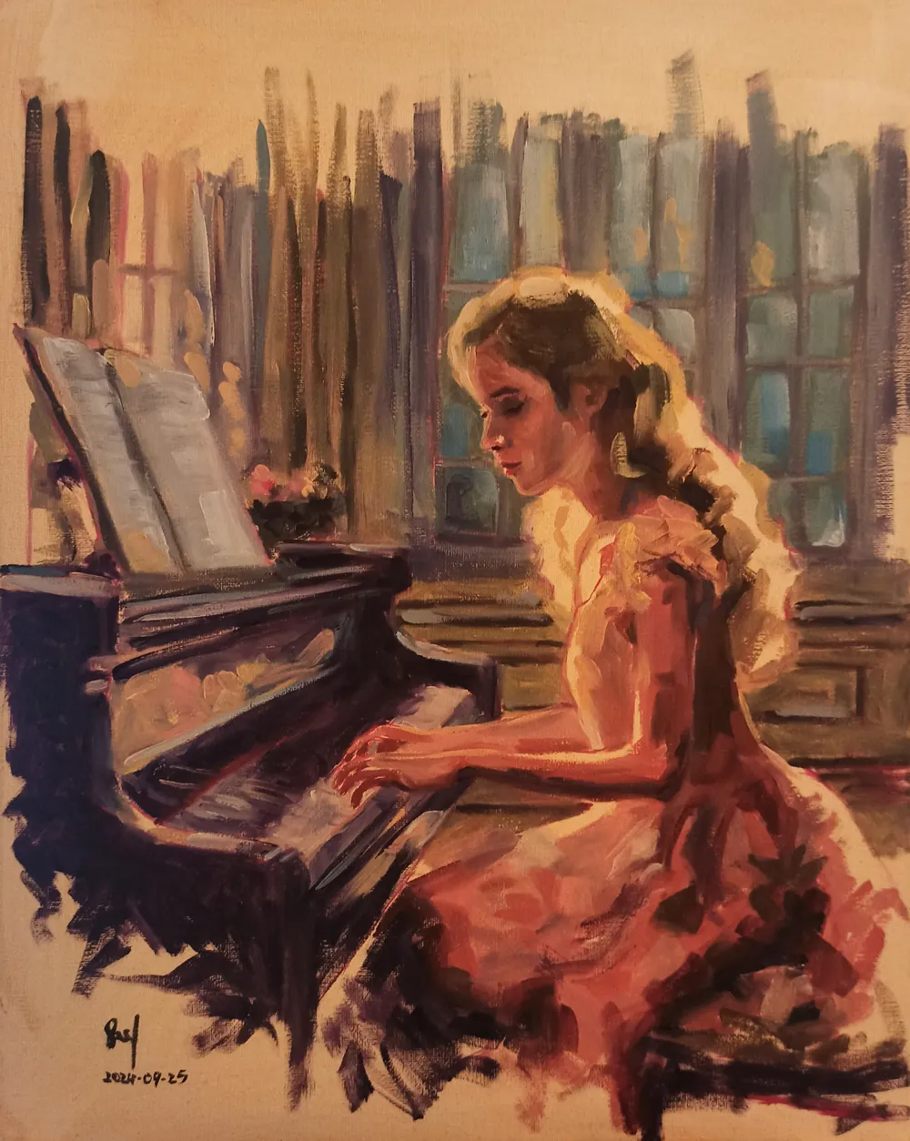 Oil painting of a woman in red playing the harp