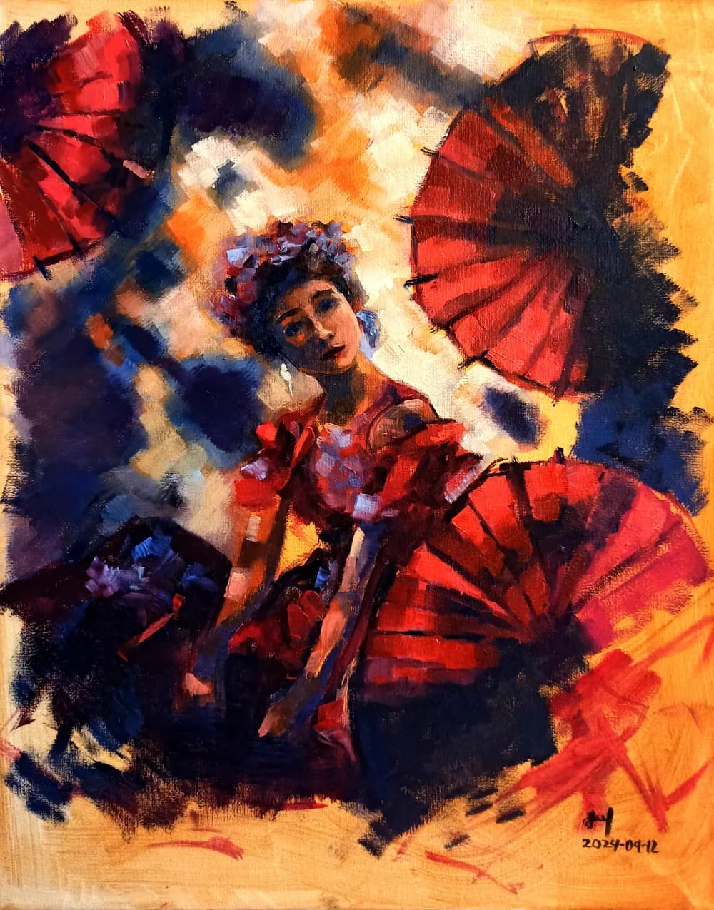 Oil painting of a woman lit by red lanterns beside a paper window
