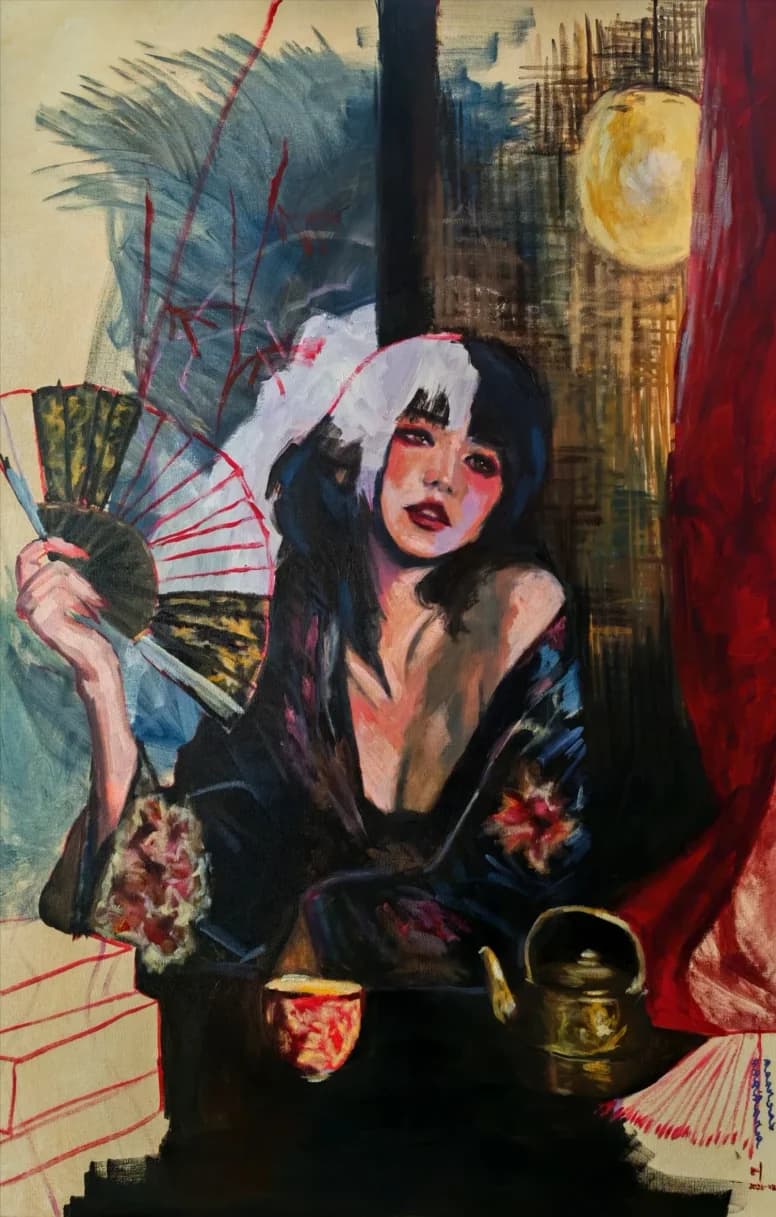 Oil painting of a woman in a dark kimono holding a fan, with a paper lantern an teapot