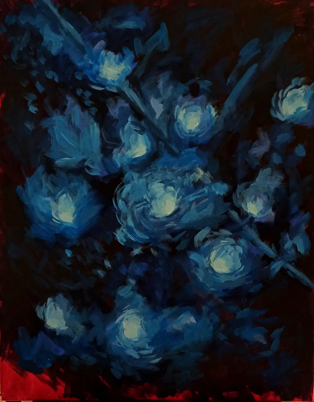 Acrylic painting of glowing blue flowers against a dark background