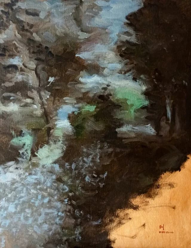 Impressionist oil painting of a wooded riverside landscape with light reflecting on water