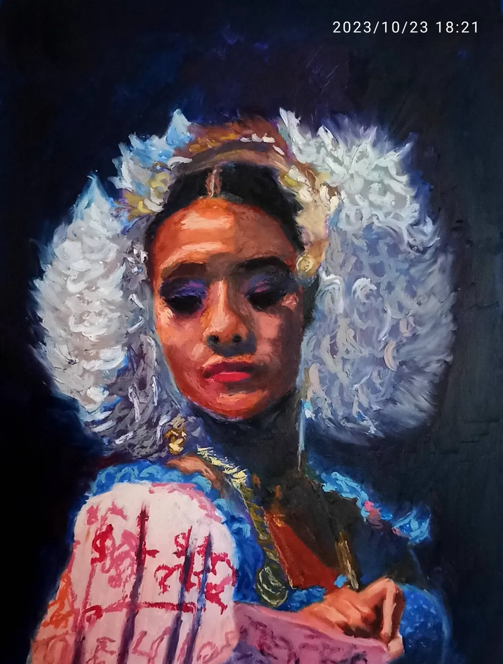 Oil pastel portrait of a woman in a white feathered headdress and colourful embroidered top