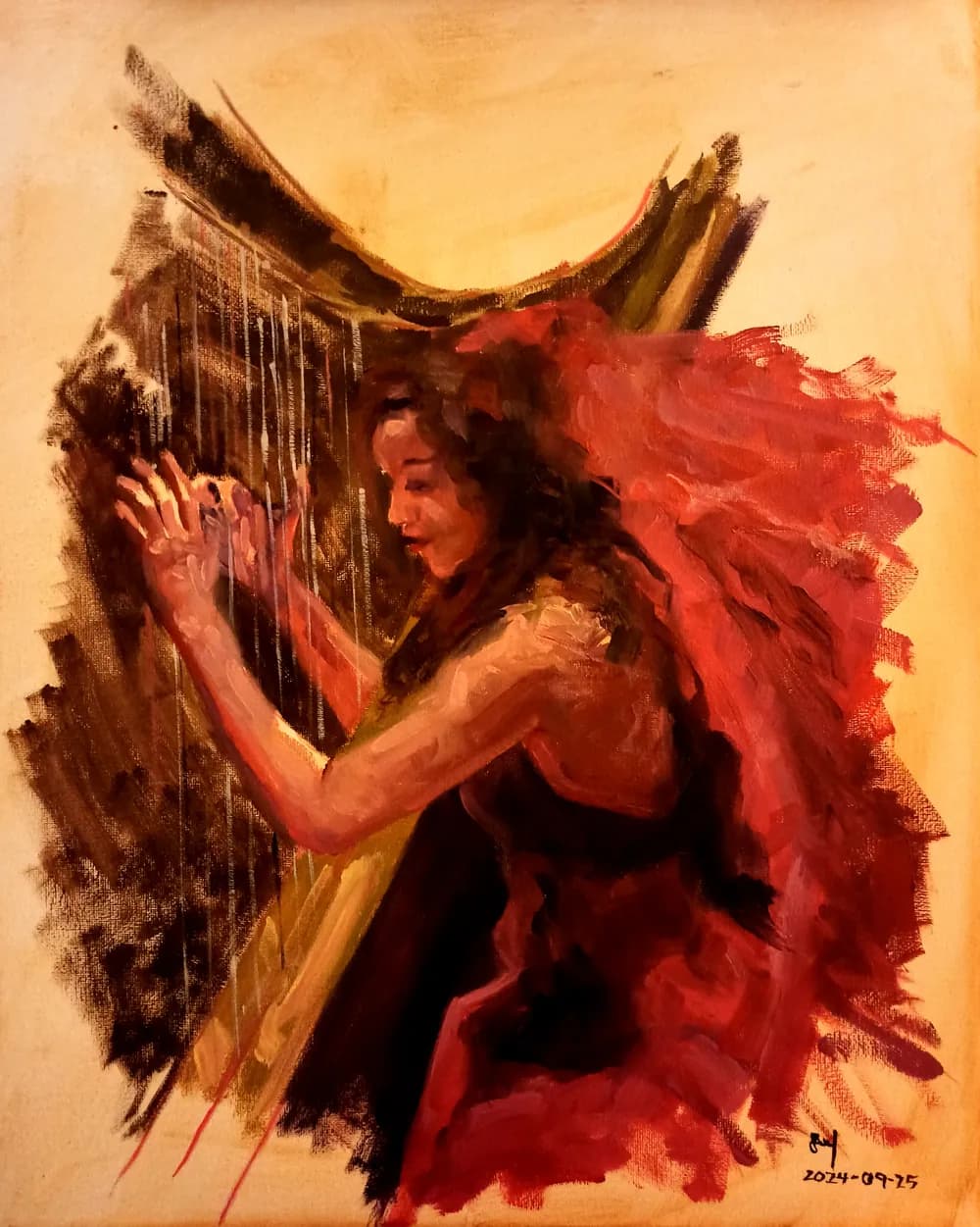 Oil painting of a young woman playing the violin in blue and ochre tones