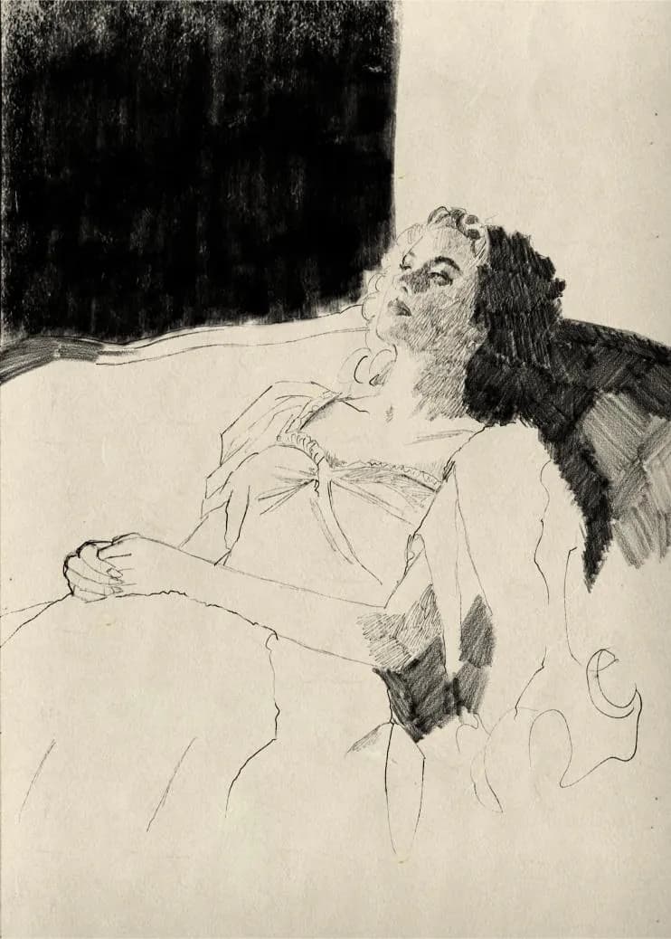 Ink drawing of a woman reclining in a chair, one arm raised, in a flowing dress