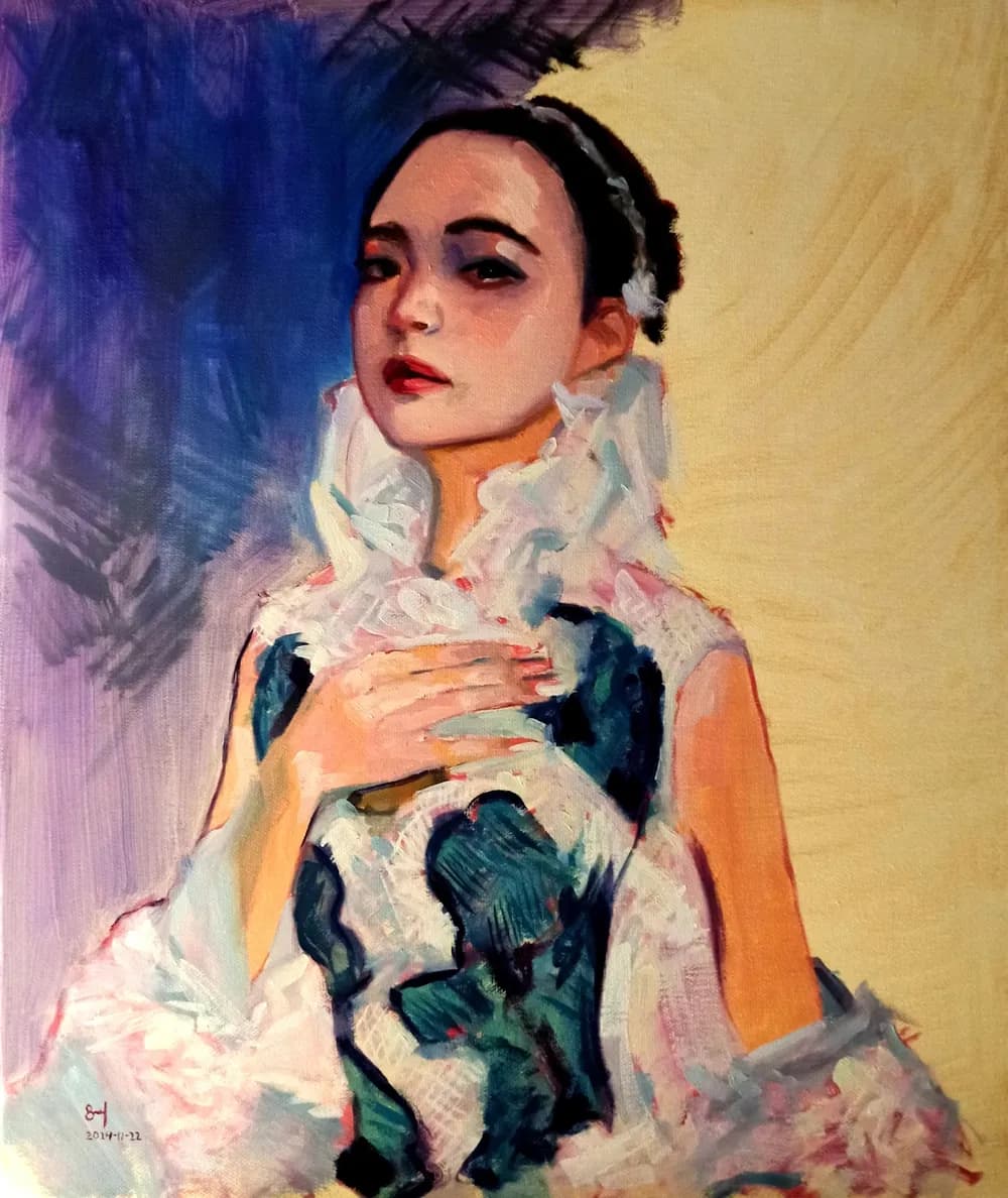 Oil portrait of a dark-haired woman in a white ruffled collar and patterned dress