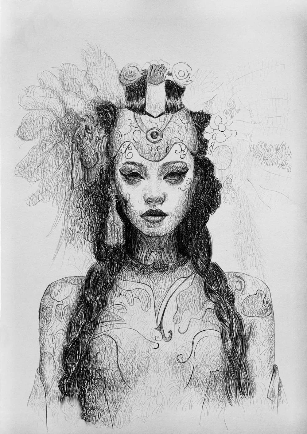 Detailed pencil drawing of a woman with braided hair and an ornate headdress