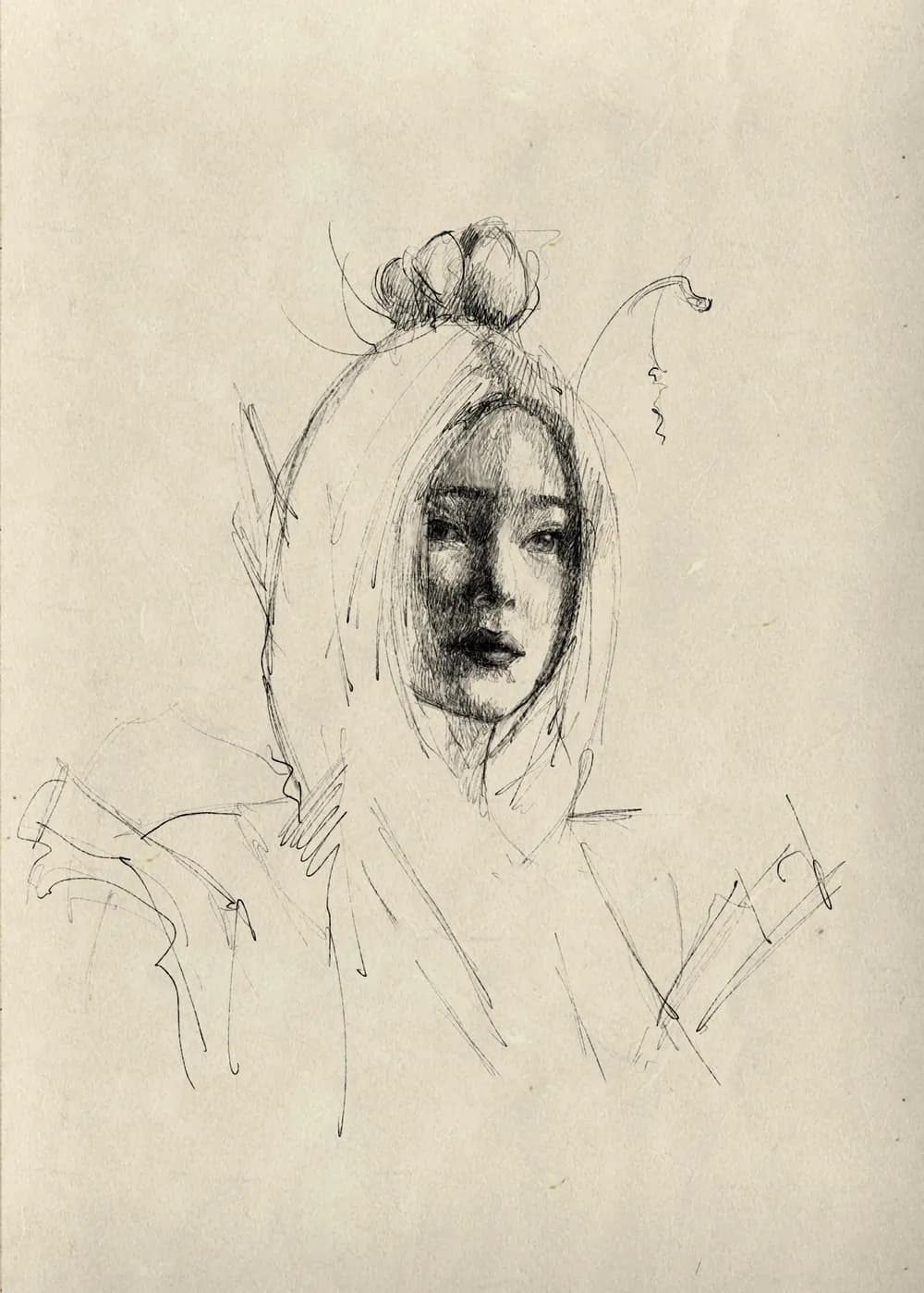 Pencil sketch of a woman with her hair in a top bun – study for a cancelled painting