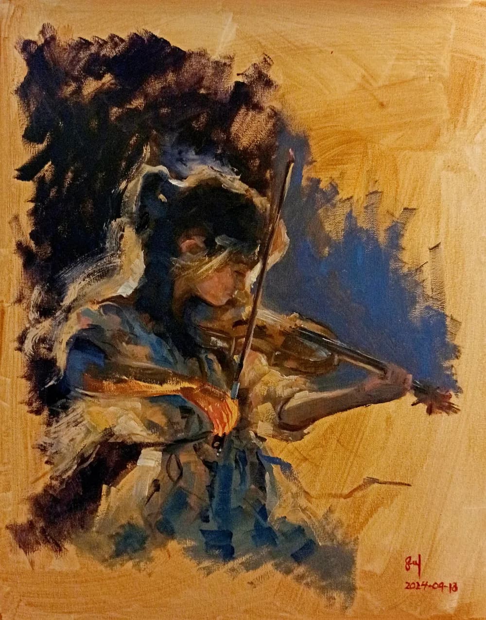 Expressive oil painting of a dancer in red surrounded by red paper fans