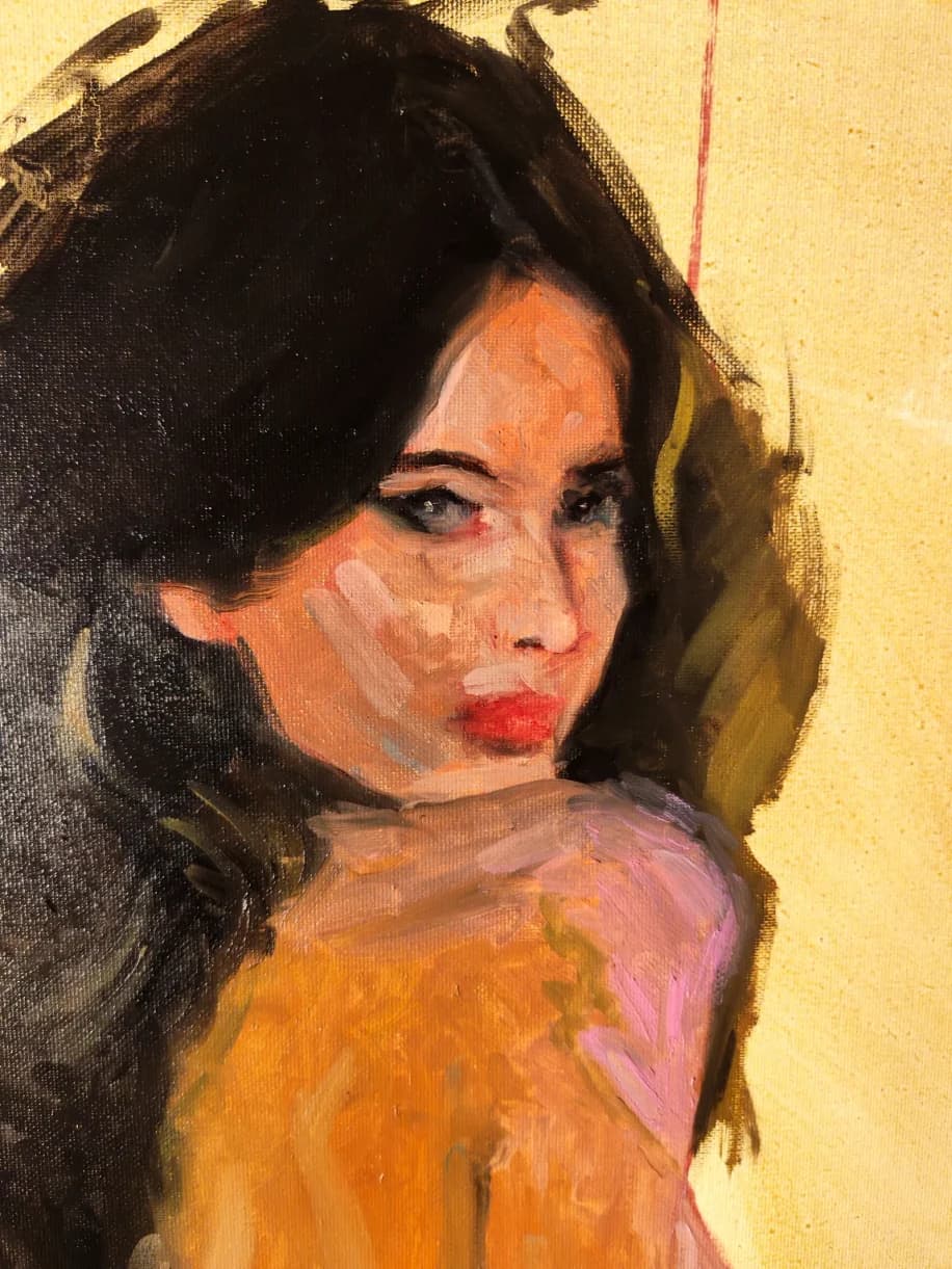 Impresionistic oil portrait of a dark-haired woman with red lips looking over her shoulder