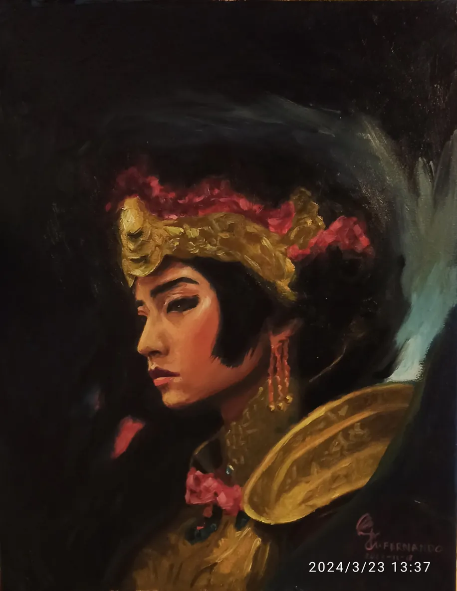 Battle Queen – oilportrait of a woman in profile wearing a gold headdress, 40 x 50 cm, y ArkOrigin