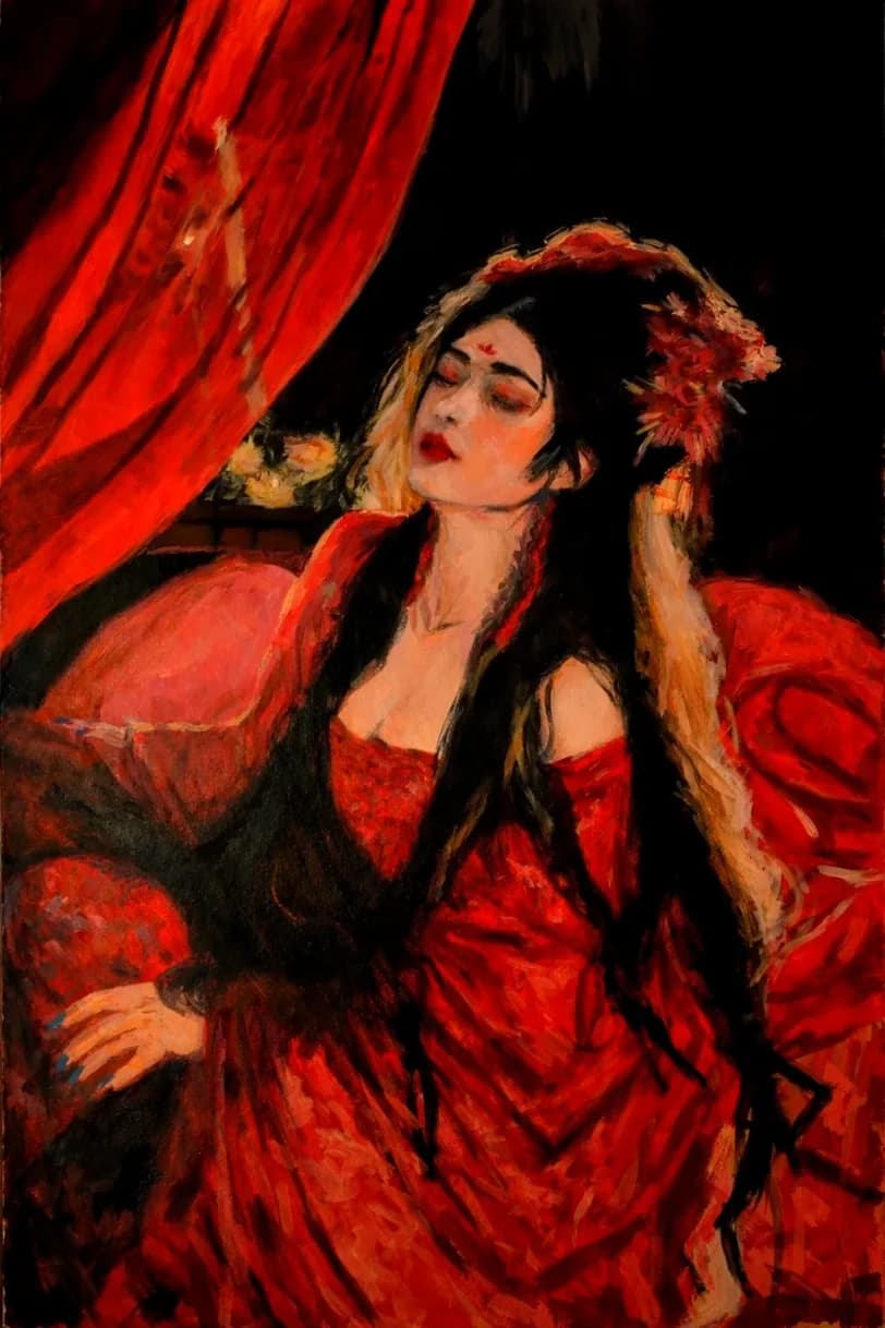Oil painting of a woman in a redgown reclining before red curtains