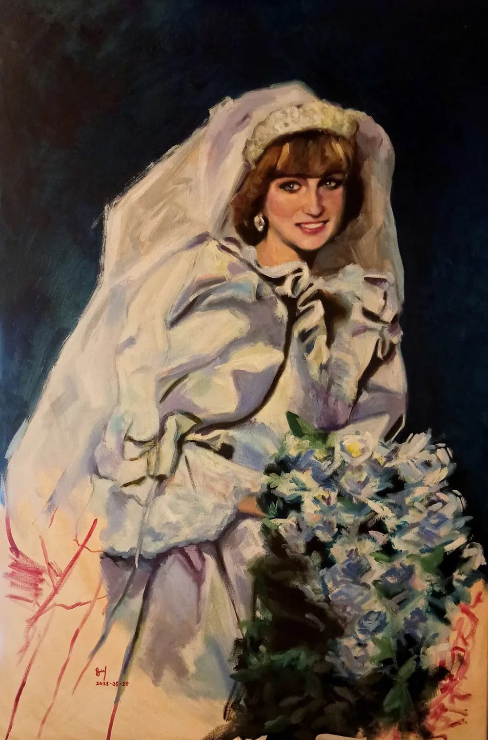 The Last Rose – oil painting of a bride in a white veil and gown holding a bouquet, FADA UK 2025 Gol