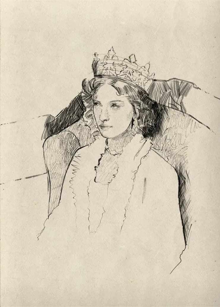 Ink sketch of a woman wearing a crown seated in an armchair