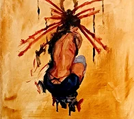 Oil painting of a figure seen from behind with red ribbon-like strokes