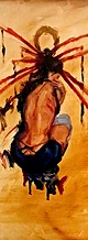Oil painting of a figure seen from behind with red ribbon-like strokes
