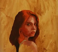 Oil portrait of a red-haired woman looking over her shoulder
