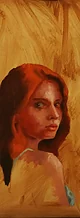 Oil portrait of a red-haired woman looking over her shoulder