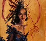 Oil painting of a woman with a decorative headpiece framed by a red circle