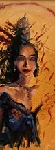 Oil painting of a woman with a decorative headpiece framed by a red circle