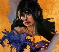 Oil portrait of a dark-haired woman wrapped in blue drapery
