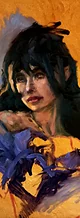 Oil portrait of a dark-haired woman wrapped in blue drapery