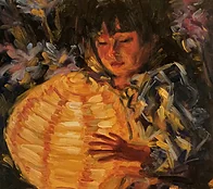 Oil painting of a girl holding a glowing paper lantern among dark leaves