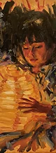 Oil painting of a girl holding a glowing paper lantern among dark leaves